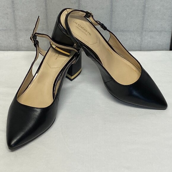 Liz Claiborne Pointed Closed Toe Chunky Low Heel Slingback Pumps LC Bay Black - Picture 5 of 13